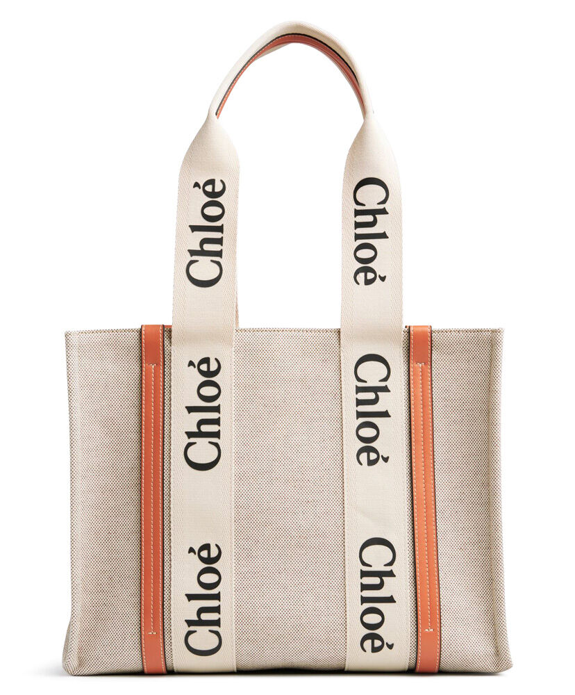 Chloe Medium Woody Tote Bag Canvas with Leather Cream/Orange